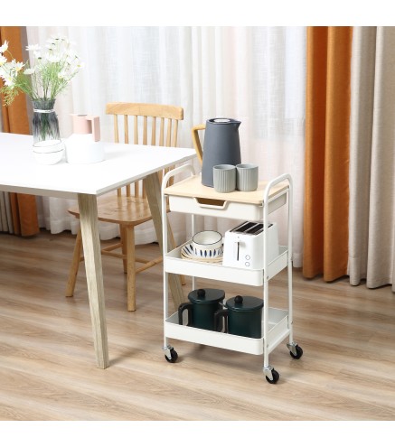 Carrito de Cocina con Ruedas Carro de Almacenamiento con Cajón Extraíble 2 Cestas y Frenos para Baño Salón Dormitorio 43,9x30,5x